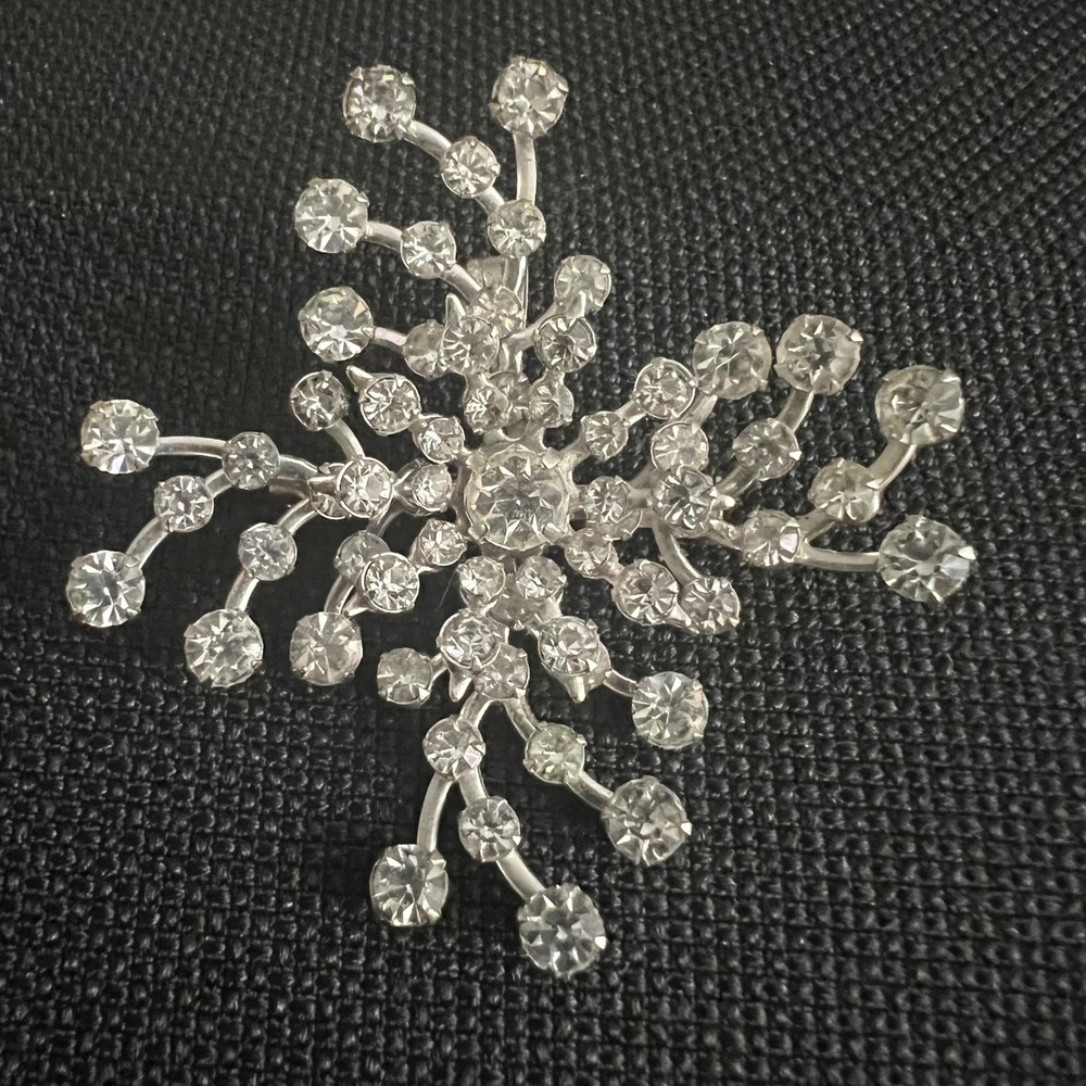 Vintage Rhinestone Starburst Brooch Pendant Silver Tone 2.75in Mid Century Mod